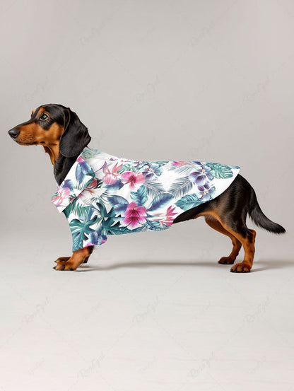 Pet's Tropical Leaf Hibiscus Flower Print Hawaii Button Shirt