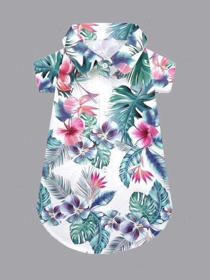 Pet's Tropical Leaf Hibiscus Flower Print Hawaii Button Shirt