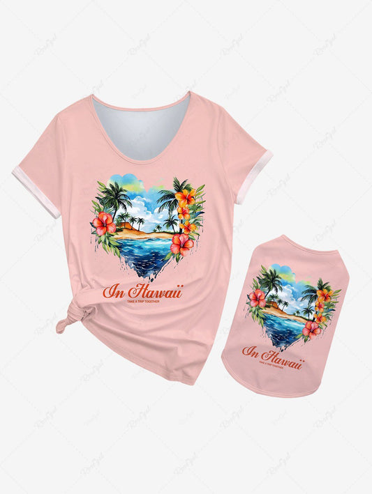Coconut Tree Hibiscus Flower Heart Seascape Printed Hawaii Tank Top T-shirt Dog And Owner Matching Outfits
