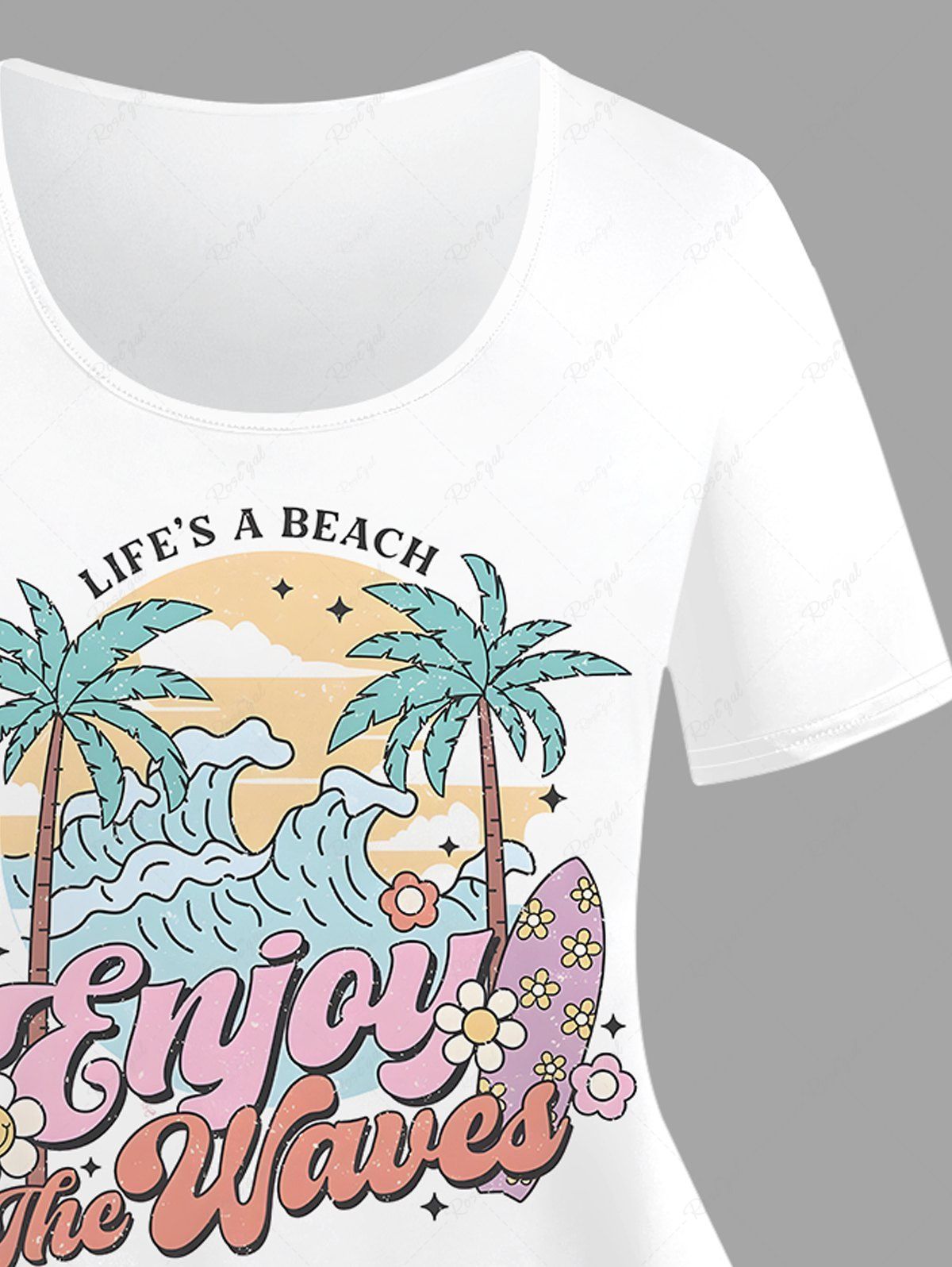 Plus Size Coconut Tree Sea Waves Flowers Print Hawaii T-shirt