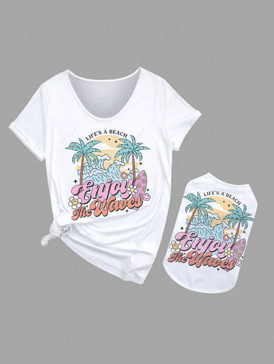 Coconut Tree Sea Waves Flowers Print Hawaii T-shirts Dog and Owner Matching Outfits