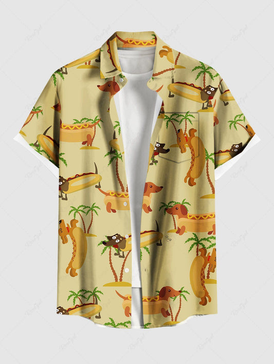 Plus Size Coconut Tree Hot Dogs Print Buttons Pocket Hawaii Shirt For Men