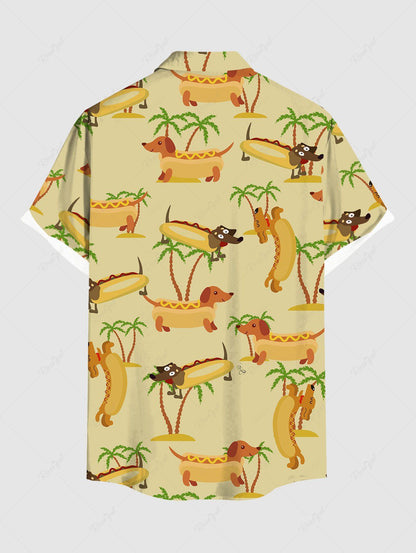 Plus Size Coconut Tree Hot Dogs Print Buttons Pocket Hawaii Shirt For Men