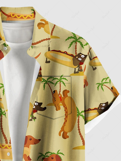 Plus Size Coconut Tree Hot Dogs Print Buttons Pocket Hawaii Shirt For Men