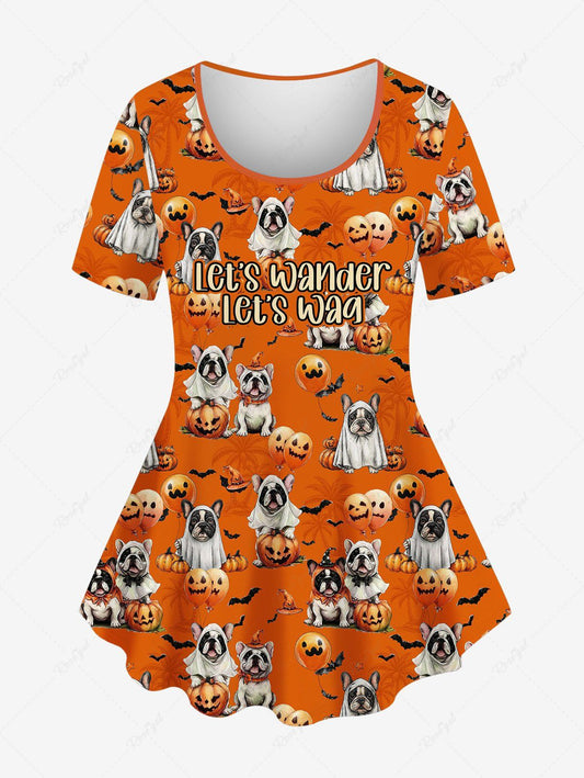 Plus Size Halloween Dogs Pumpkin Bat Print T-shirt