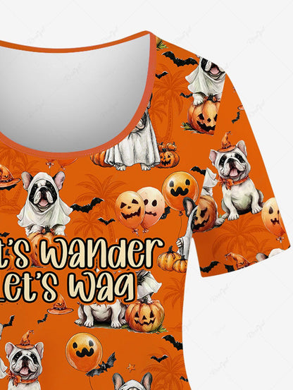 Plus Size Halloween Dogs Pumpkin Bat Print T-shirt