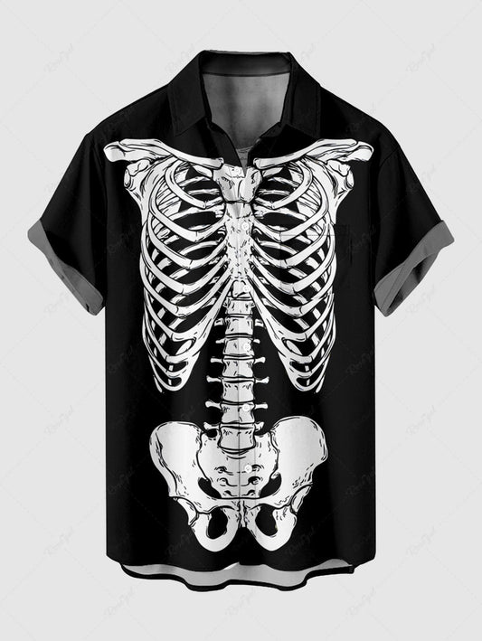 Plus Size Halloween Skeleton Print Buttons Pocket Shirt For Men