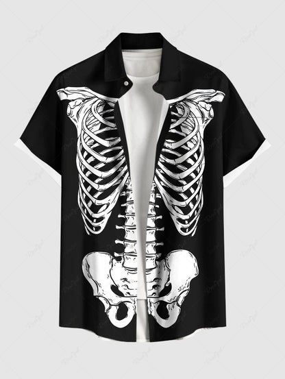 Plus Size Halloween Skeleton Print Buttons Pocket Shirt For Men