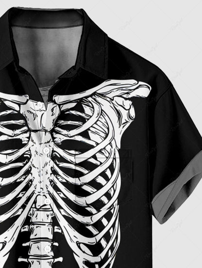 Plus Size Halloween Skeleton Print Buttons Pocket Shirt For Men