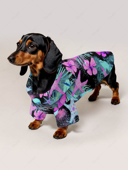 Pet's Tropical Leaf Hibiscus Flower Starfish Print Hawaii Button Shirt