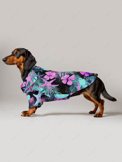 Pet's Tropical Leaf Hibiscus Flower Starfish Print Hawaii Button Shirt