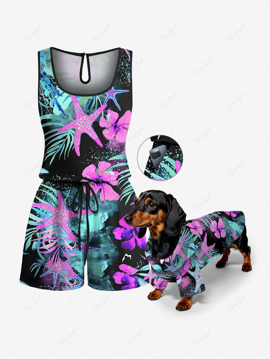 Tropical Leaf Hibiscus Flower Starfish Printed Hawaii Shirt Romper Dog And Owner Matching Outfits