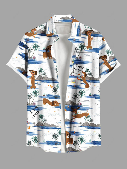 Plus Size Coconut Tree Dogs Seascape Print Buttons Pocket Hawaii Shirt For Men