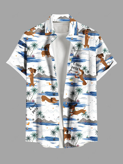 Coconut Tree Dogs Seascape Print Buttons Pocket Hawaii Shirts Dog and Owner Matching Outfits