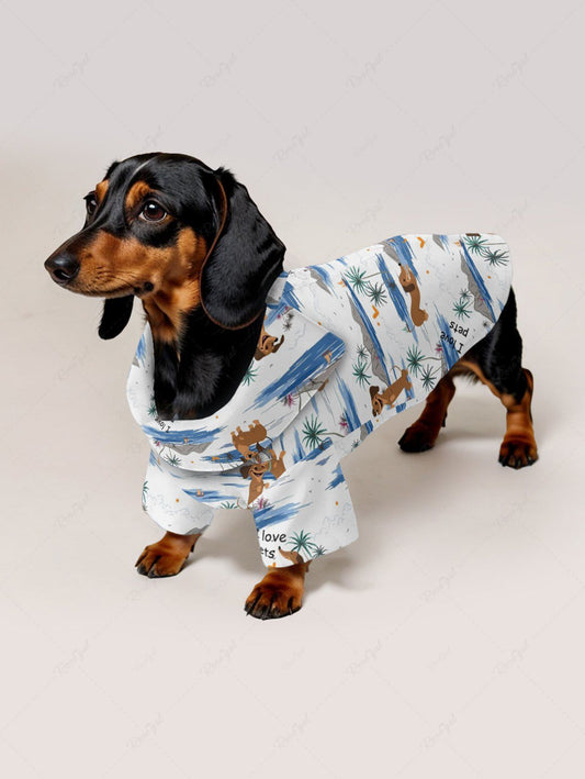 Pet's Coconut Tree Dogs Seascape Print Buttons Pocket Hawaii Shirt