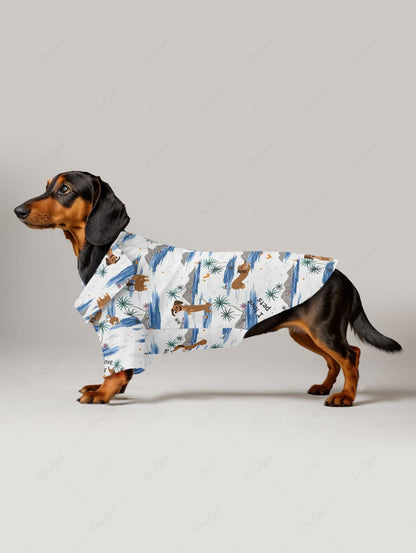 Pet's Coconut Tree Dogs Seascape Print Buttons Pocket Hawaii Shirt