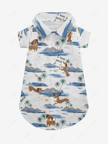 Pet's Coconut Tree Dogs Seascape Print Buttons Pocket Hawaii Shirt