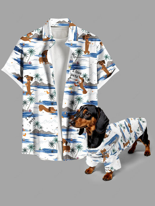 Coconut Tree Dogs Seascape Print Buttons Pocket Hawaii Shirts Dog and Owner Matching Outfits
