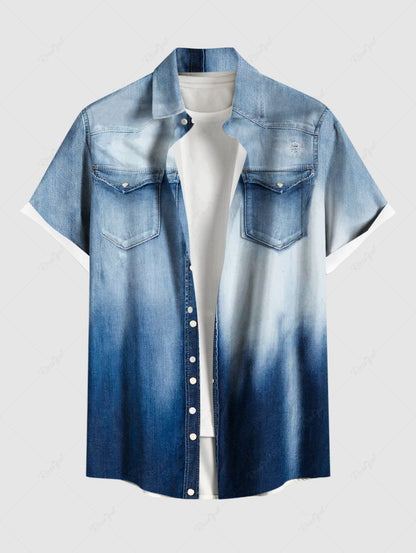 Plus Size Ombre Denim 3D Print Buttons Pocket Shirt For Men