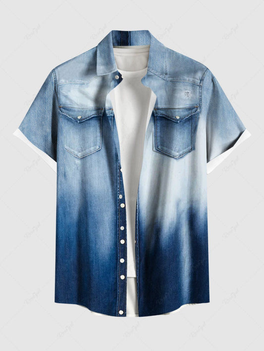 Plus Size Ombre Denim 3D Print Buttons Pocket Shirt For Men