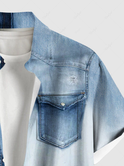 Plus Size Ombre Denim 3D Print Buttons Pocket Shirt For Men