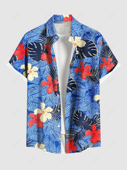 Plus Size Tropical Leaf Hibiscus Flower Print Hawaii Button Pocket Shirt For Men