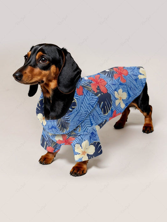 Pet's Tropical Leaf Hibiscus Flower Print Hawaii Button Shirt