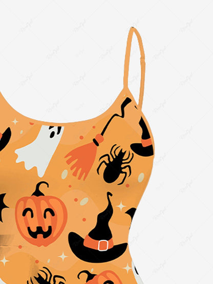 Plus Size Halloween Pumpkin Ghost Spider Hat Print High Low Cami Dress
