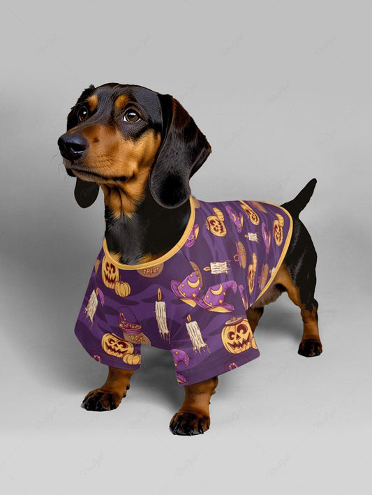 Pet's Pumpkin Wizard Hat Candle Print Halloween T-shirt