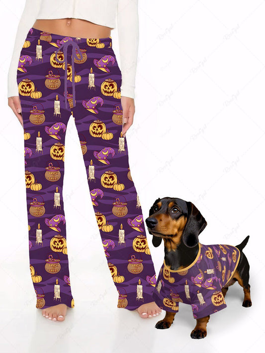 Pumpkin Wizard Hat Candle Printed Halloween T-shirt Pants Dog And Owner Matching Outfits