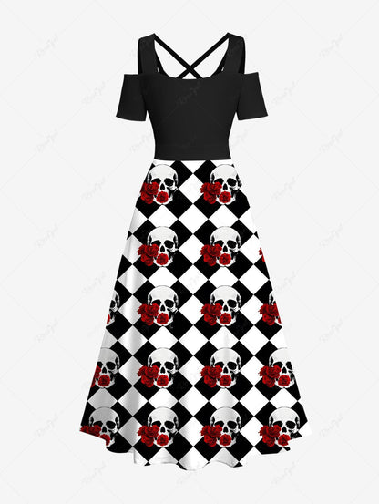 Halloween Skulls Flowers Checkered Plaid Print Fishnet Lace Trim Dresses Dog and Owner Matching Outfits