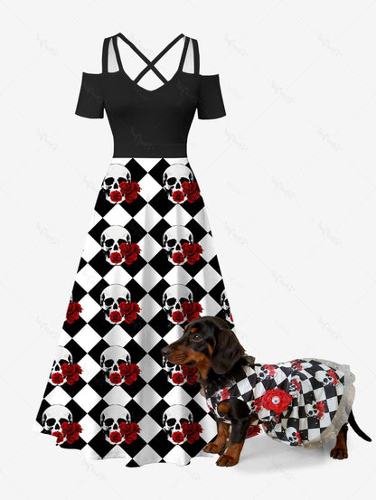 Halloween Skulls Flowers Checkered Plaid Print Fishnet Lace Trim Dresses Dog and Owner Matching Outfits