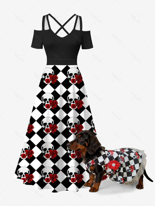 Halloween Skulls Flowers Checkered Plaid Print Fishnet Lace Trim Dresses Dog and Owner Matching Outfits