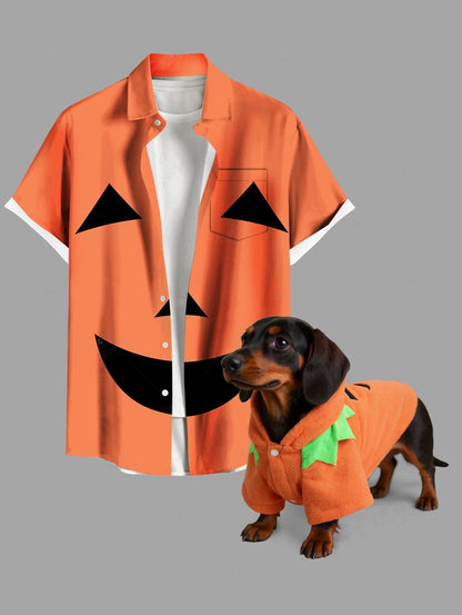 Pumpkin Flower Pattern Halloween Costume Fleece Buttons Hooded Coat and Shirts Dog and Owner Matching Outfits