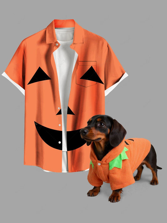 Pumpkin Flower Pattern Halloween Costume Fleece Buttons Hooded Coat and Shirts Dog and Owner Matching Outfits