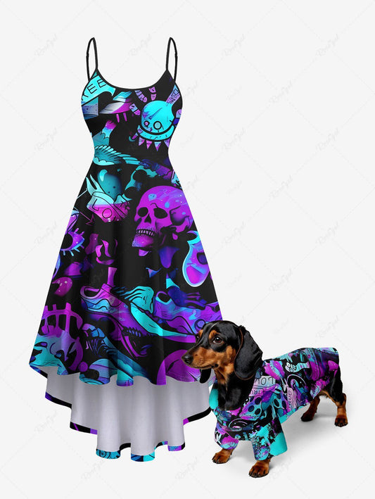Skull Bird Graffiti Printed Shirt Dress Dog And Owner Matching Outfits