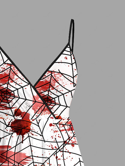 Plus Size Halloween Spider Web Paint Splatter Blood Print Surplice Cami Dress