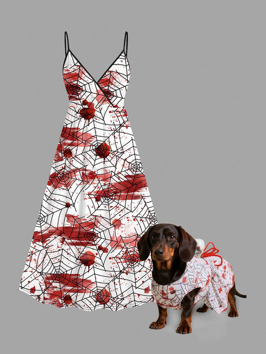 Halloween Spider Web Paint Splatter Print Skull Dresses Dog and Owner Matching Outfits
