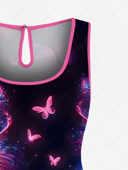 Plus Size Glitter Butterfly Galaxy Print Drawstring Pocket Romper