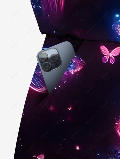 Plus Size Glitter Butterfly Galaxy Print Drawstring Pocket Romper