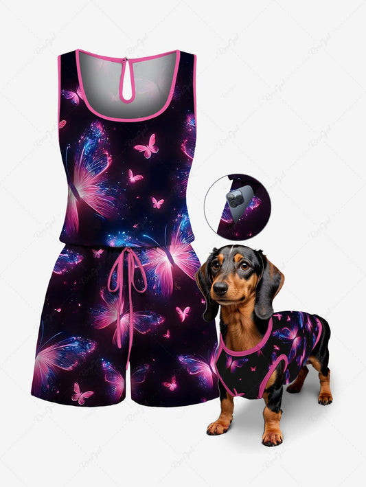 Glitter Butterfly Galaxy Printed Tank Top Romper Dog And Owner Matching Outfits
