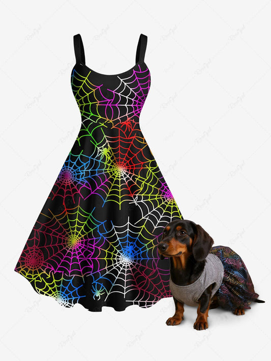 Halloween Spider Web Printed Dresses Dog and Owner Matching Outfits