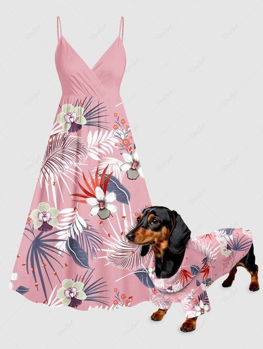 Tropical Leaf Hibiscus Flower Printed Hawaii Shirt Dress Dog And Owner Matching Outfits