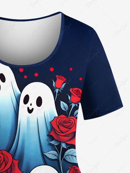 Plus Size Ghost Rose Flower Print Halloween Women T-shirt