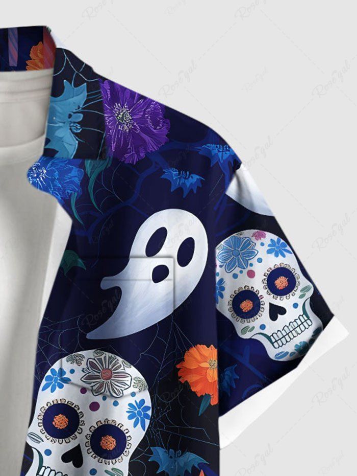 Plus Size Skull Flower Ghost Candle Print Halloween Button Pocket Shirt For Men