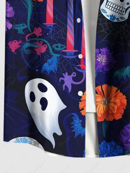 Plus Size Skull Flower Ghost Candle Print Halloween Button Pocket Shirt For Men