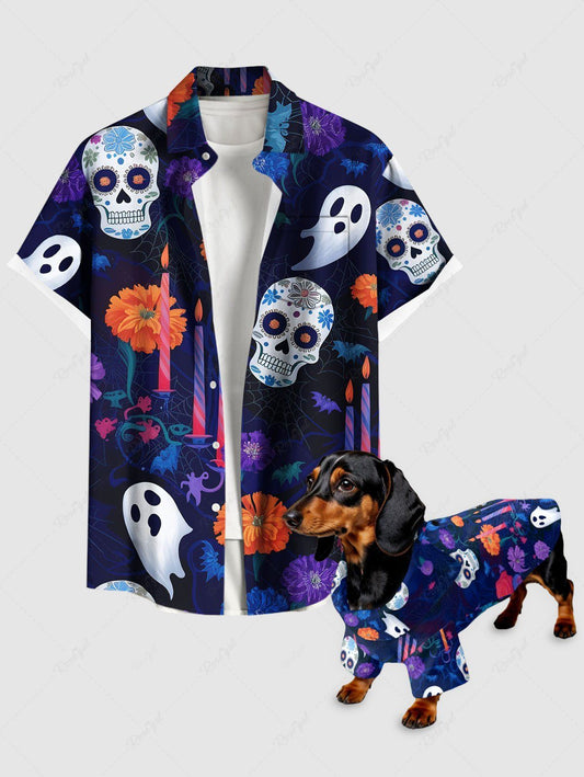 Skull Flower Ghost Candle Printed Halloween Shirt Dog And Owner Matching Outfits