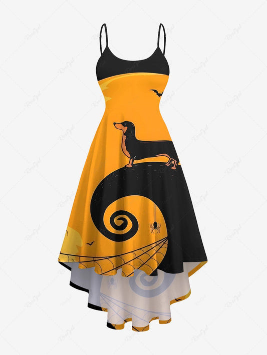 Plus Size Dog Spiral Tree Spider Print Halloween High Low Asymmetric Cami Dress