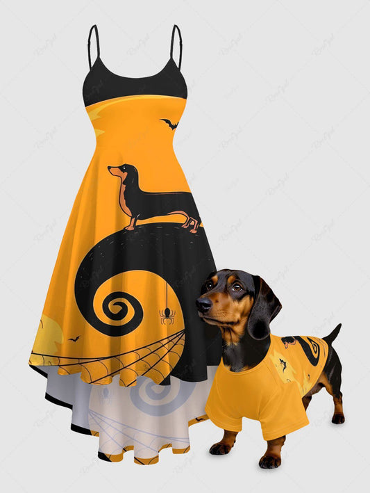 Puppy Spiral Tree Spider Printed Halloween T-shirt Dress Dog And Owner Matching Outfits