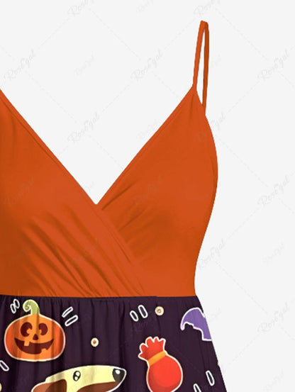 Plus Size Dog Skull Pumpkin Bat Candy Print Halloween Surplice A Line Cami Dress
